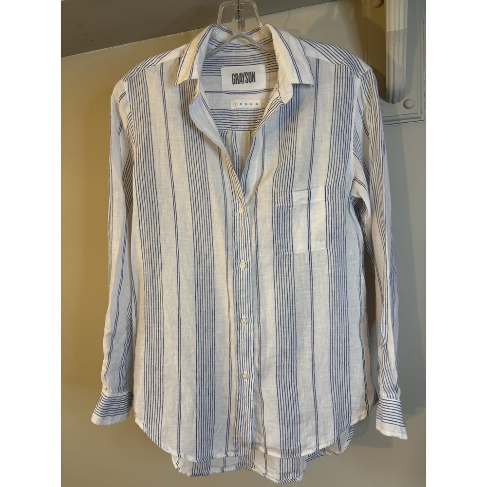 GRAYSON The Hero Blue & White Stripe Linen Button Up‎ Blouse S Preppy Beach
